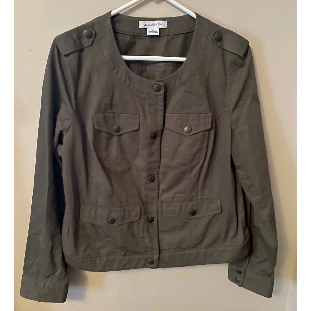 Liz Claiborne Womens Olive Green Long Sleeve‎ Button Front Cotton Jacket Large